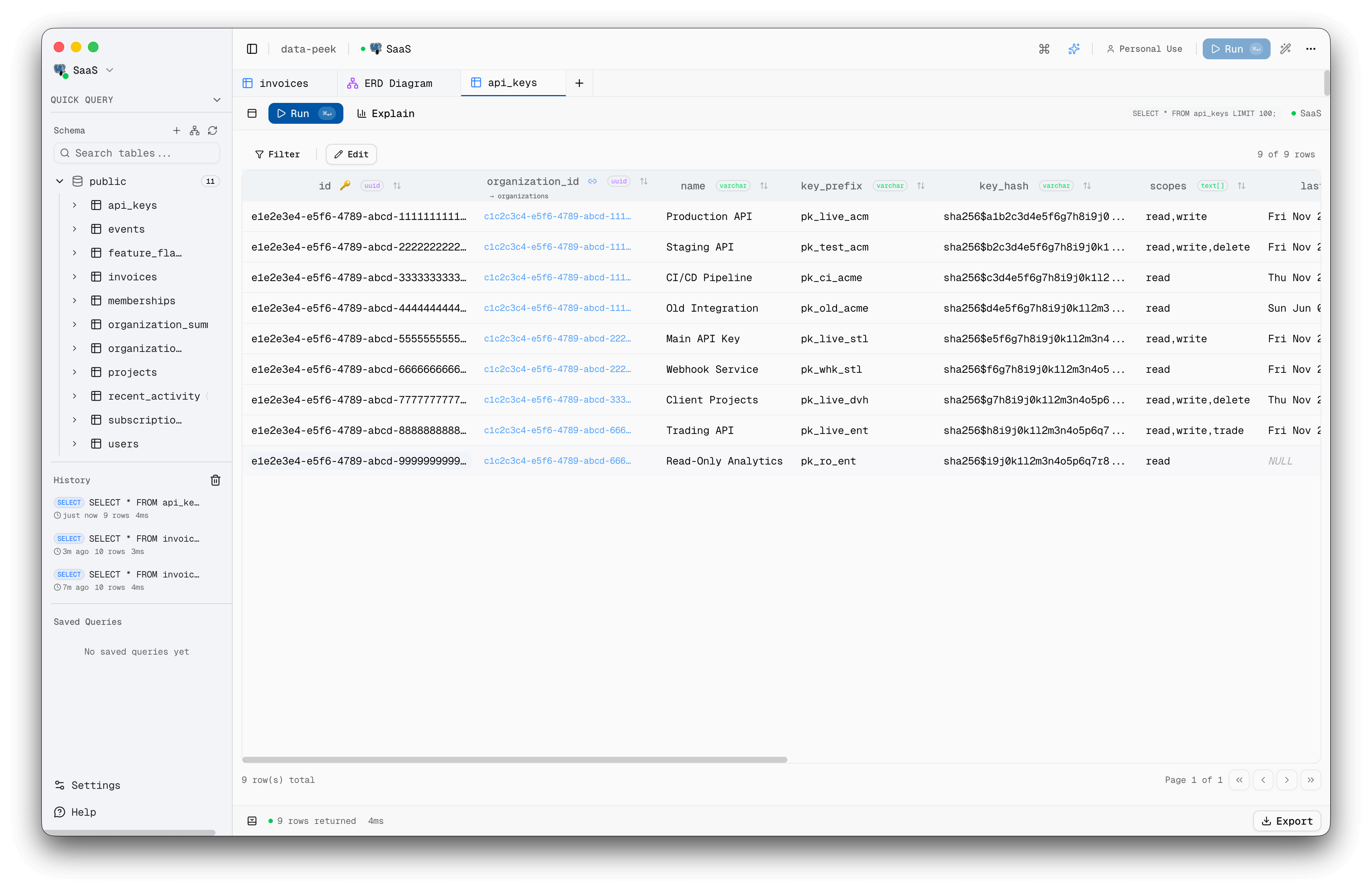 Data Peek in light mode